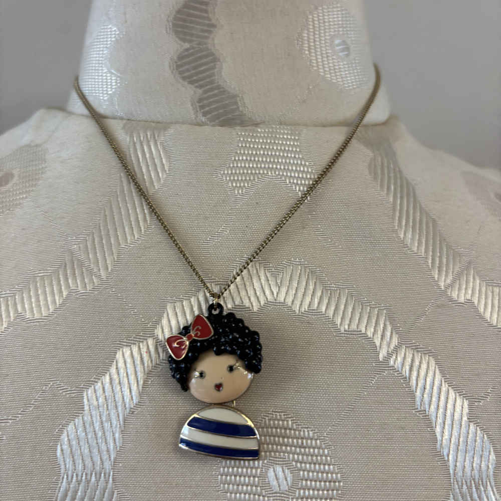 Doll Face Bow Pendant Necklace Quirky Enamel